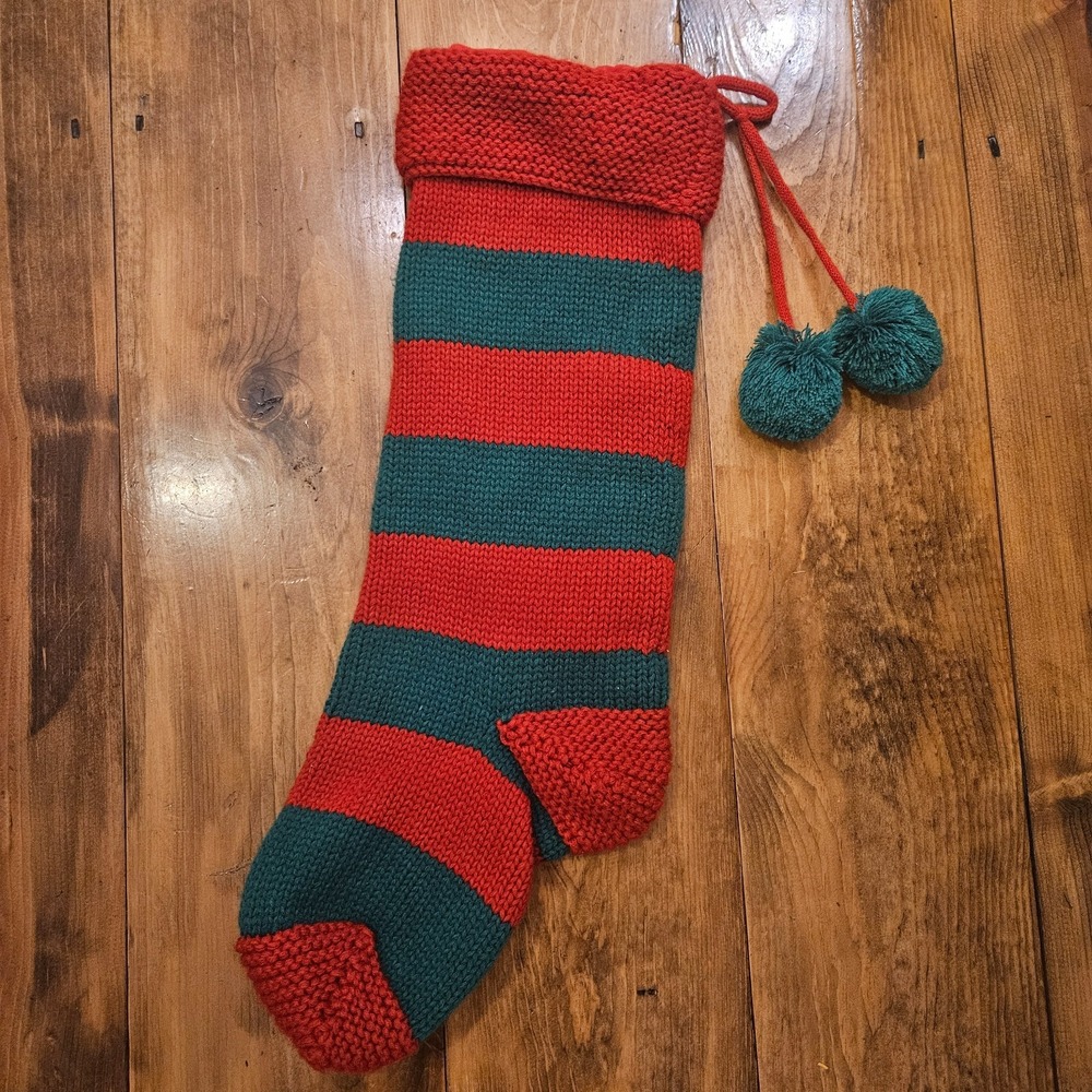 Vintage Knit Elf Style Christmas Stocking Red Green Striped Pom Poms‎
